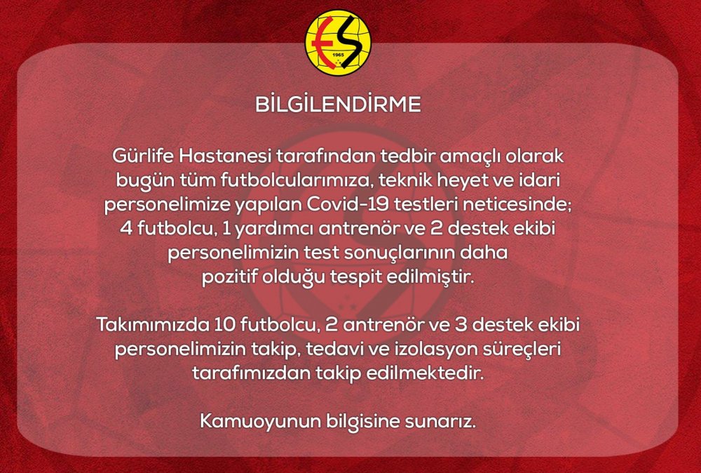 Eskişehirspor’da pozitif vaka sayısı 10 futbolcu, 2 antrenör ve 3 destek personeli olmak üzere toplam 15'e ulaştı.